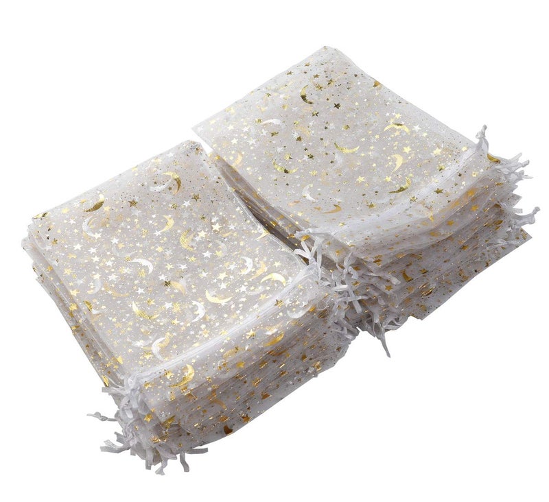 SUNGULF 100Pcs 5x7 Inches Sheer Drawstring Organza Bags Stars and Moon Wedding Party Favor Jewelry Candy Gift Pouches (White) - Image 1
